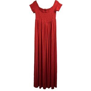 Isabel‎ Women's Maxi Maternity Dress Size Medium Solid Red Smocked Cap Sleeves